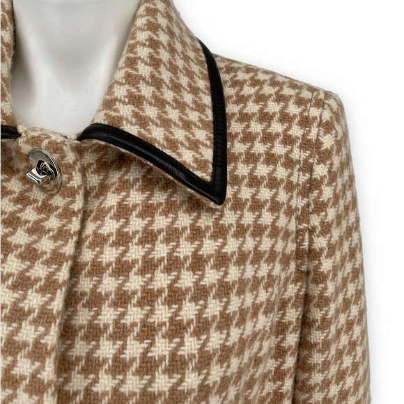 Vintage Coach Houndstooth Wool & Leather Womens Coat / Fully Lined / Large Tan - Picture 4 of 13